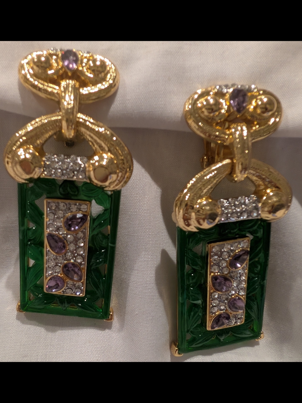 Catwalk Jon Gold-Tone Green Resin Drop Earrings with Purple Crystal Accents - Picture 6 of 7